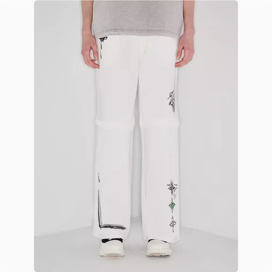 Ample Hand-painted graffiti print patchwork cream-white wide-leg sweatpants