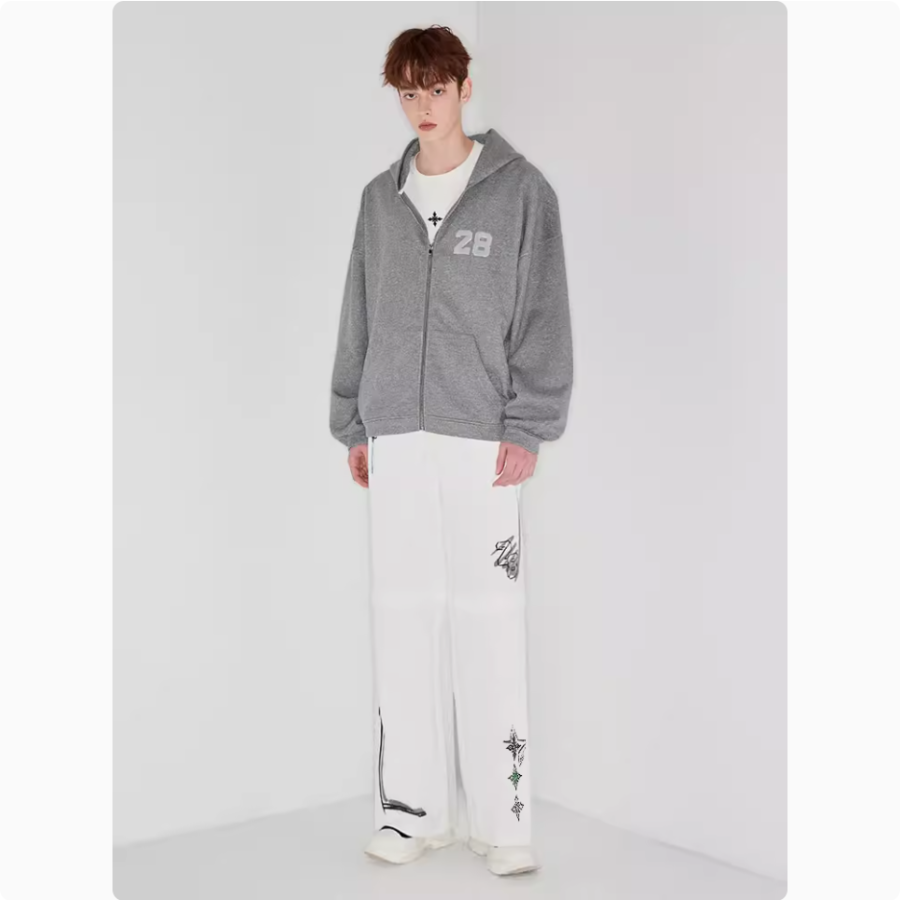 Ample Hand-painted graffiti print patchwork cream-white wide-leg sweatpants - Image 3
