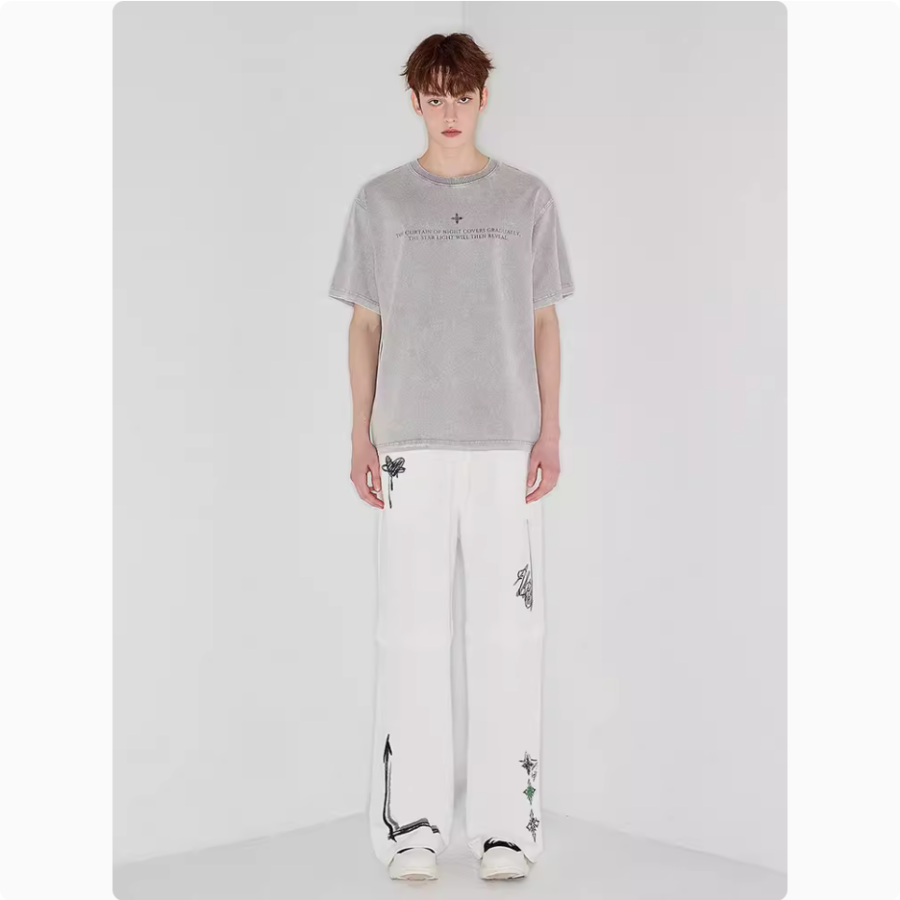 Ample Hand-painted graffiti print patchwork cream-white wide-leg sweatpants - Image 4